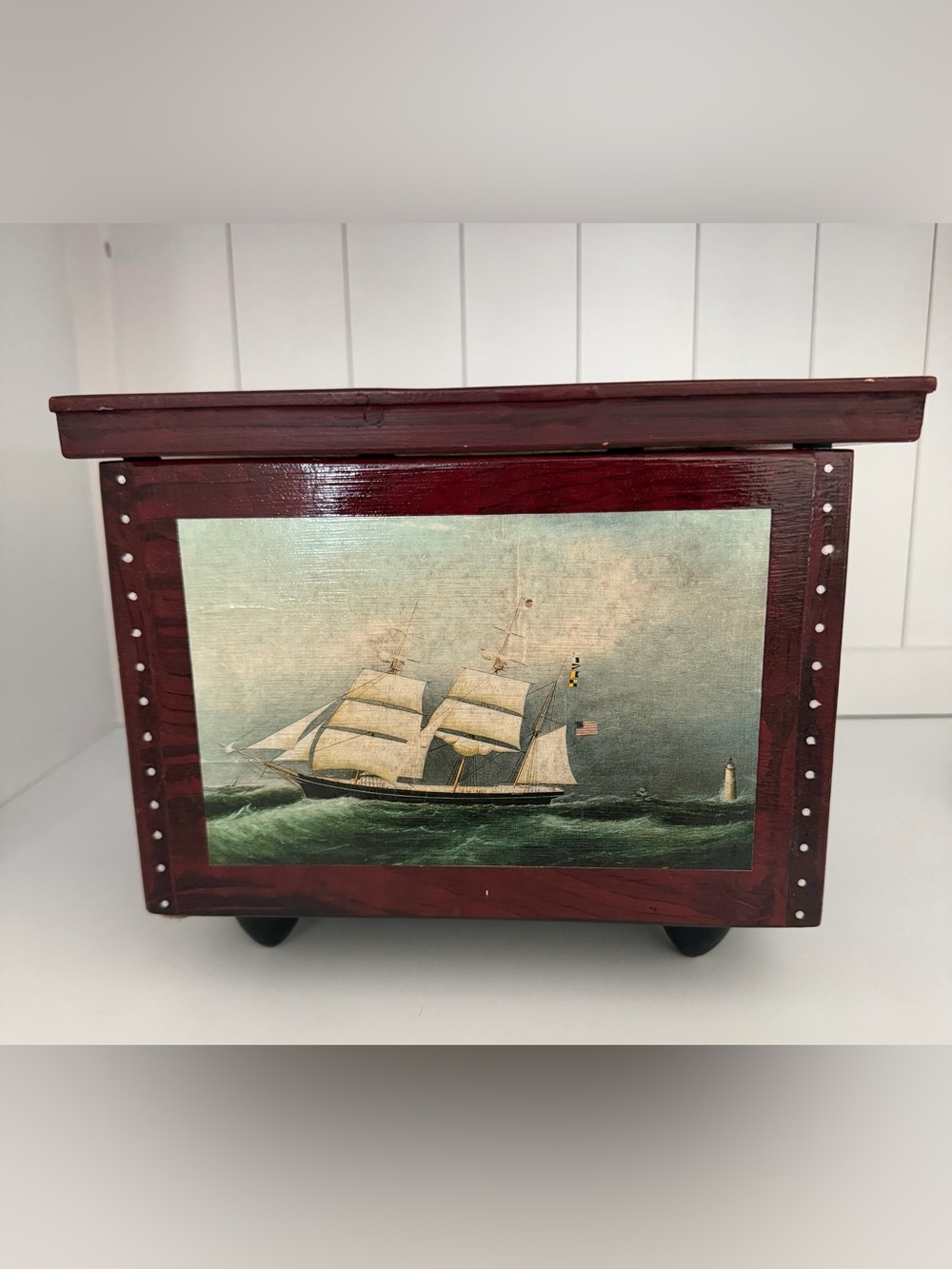 Vintage OOAK Wood Hand-Painted Hinged Box Nautical Signed
